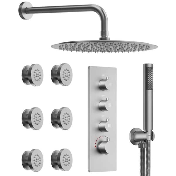 GRANDJOY Luxury Thermostatic 7-Spray Wall Mount 12 in. Fixed and Handheld Shower Head 2.5 GPM in Brushed Nickel 125