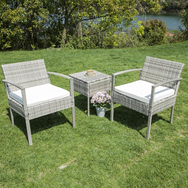 JUSKYS Gray 3-Piece Wicker Outdoor Patio Conversation Set with White Cushions