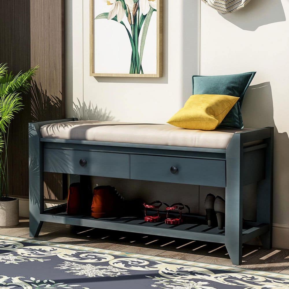 Phineas 19.80 in. H x 39.00 in. W Antique Navy Wood Shoe Storage Bench with Cushioned Seat and Drawers