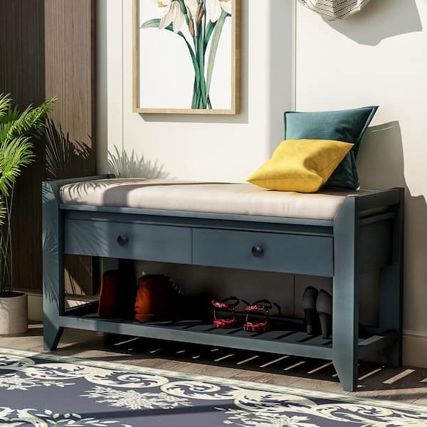 Phineas 19.80 in. H x 39.00 in. W Antique Navy Wood Shoe Storage Bench with Cushioned Seat and Drawers