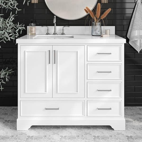 ARIEL Stafford 43 in. W x 22 in. D x 36 in. H Left Single Sink Freestanding Bath Vanity in White with Pure White Quartz Top