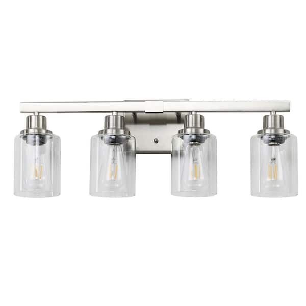 24.2 in. 4-Light Brushed Nickel Modern Bathroom Vanity Light with Clear Glass Shade