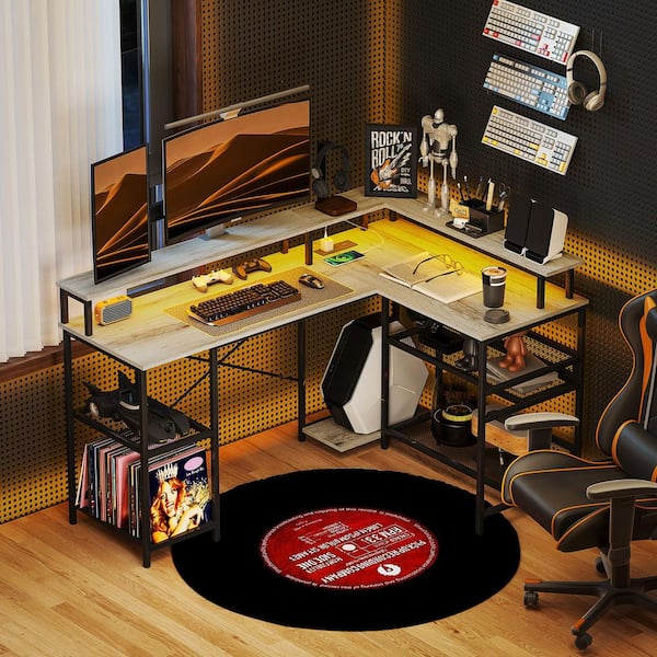 59.1 in. Gray L Shaped Computer Desk with Monitor Stand, Storage Shelves, Charging Station and LED Lights