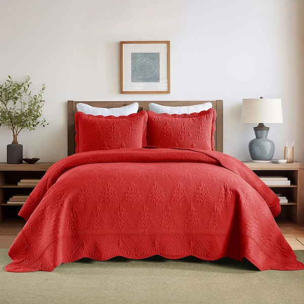 MarCielo TC131 Red Christmas Tree King Size Cotton Bedspread Set Coverlet Set Lightweight Quilt Set