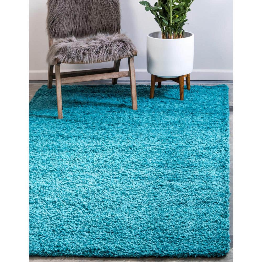 Reversible Deep Aqua Blue Shag Rug 3' 3" x 5' 3" Synthetic Rectangle