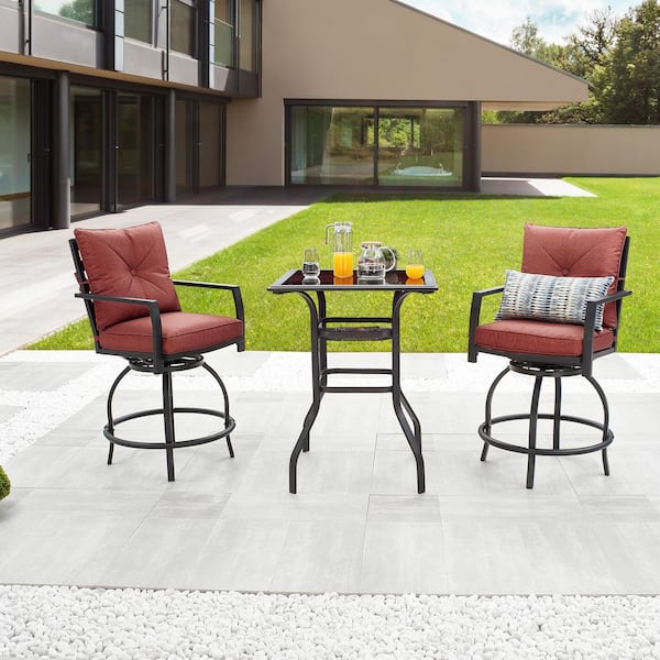 3-Piece Metal Outdoor Bistro Set with Red Cushions