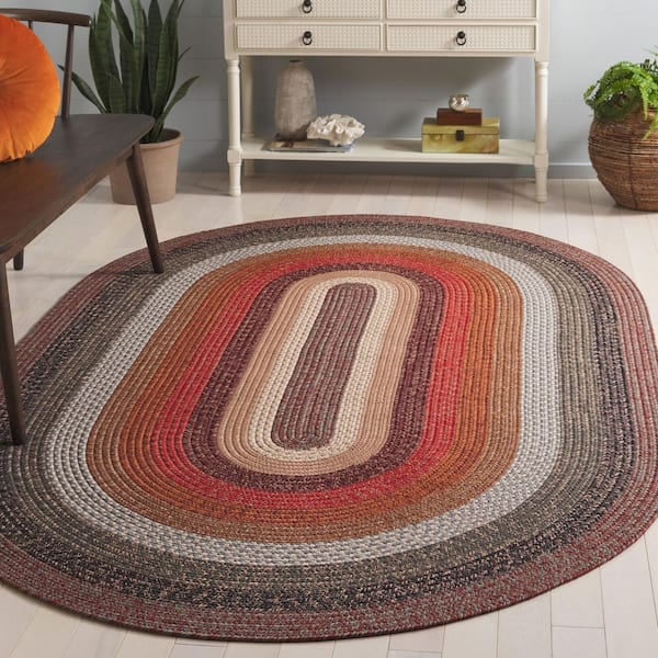 Braided Brown/Rust  5 ft. x 8 ft. Machine Washable Multicolor Striped Oval Area Rug
