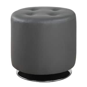Gray and Black Round Leatherette Swivel Ottoman with Tufted Seat