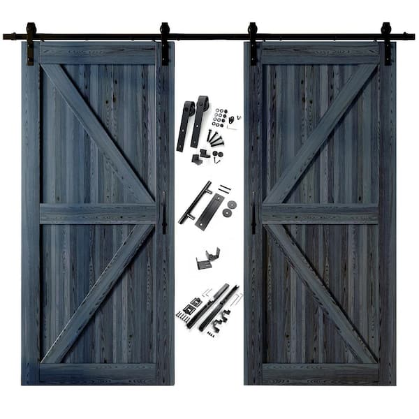 46 in. x 84 in. K-Frame Navy Double Pine Wood Interior Sliding Barn Door with Hardware Kit, Non-Bypass