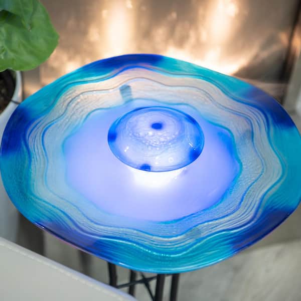 27 in. H Floor Mist Fountain w/12 Color Changing LED Lights and Inline Control, Blue Glass/Metal Water Fountain