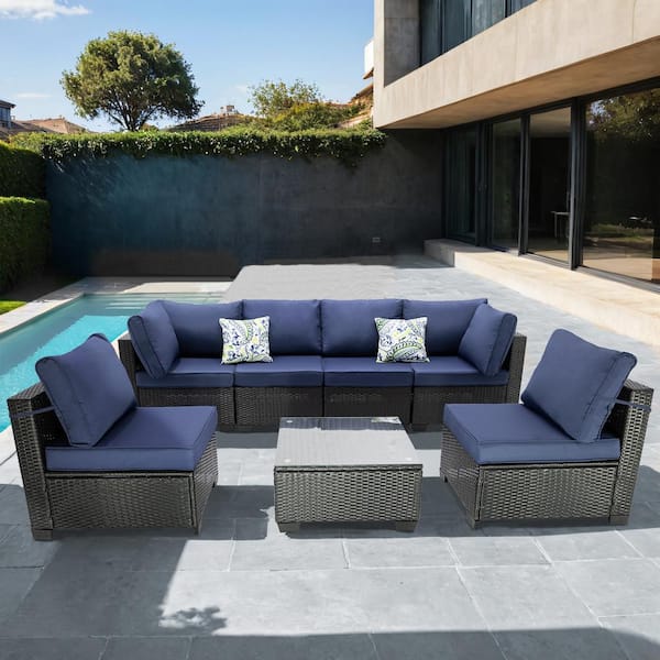 Unbranded 7-Piece Deep Coffee Wicker Outdoor Sectional, Rattan Outdoor Patio Set with Dark Blue Cushions, Pillows and Coffee Table