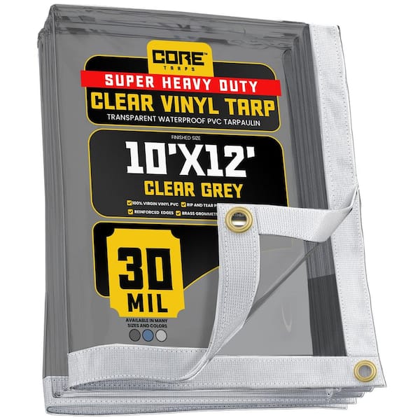 CORE TARPS 10 ft. x 12 ft. Clear Grey Extreme Heavy Duty 30 mil Vinyl Plastic Tarp, Waterproof, UV Protection, With Metal Grommets