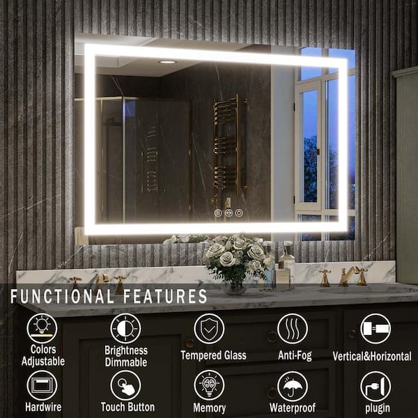 32 in. W x 48 in. H LED Light Anti-Fog Rectangular Frameless Wall Bathroom Vanity Mirror White