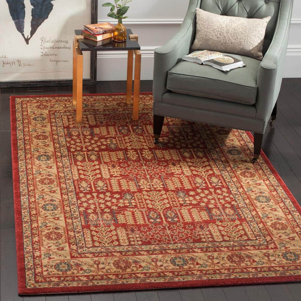 Hand-Knotted Red and Natural Synthetic Area Rug, 8' x 11'