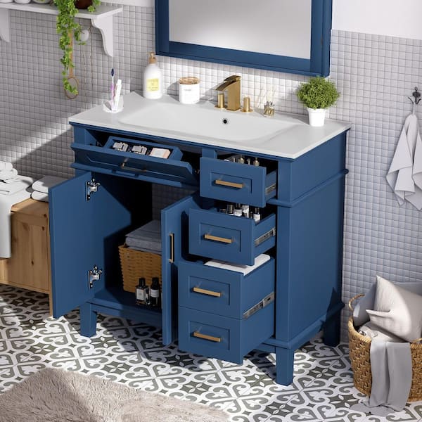 36 in. W Single Sink Freestanding Bath Vanity in Blue with White Ceramic Top, 2-Soft Close Doors and 4-Drawers
