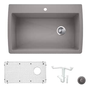 Diamond 33.5 in. Drop-in/Undermount Single Bowl Metallic Gray Granite Composite Kitchen Sink Kit with Accessories