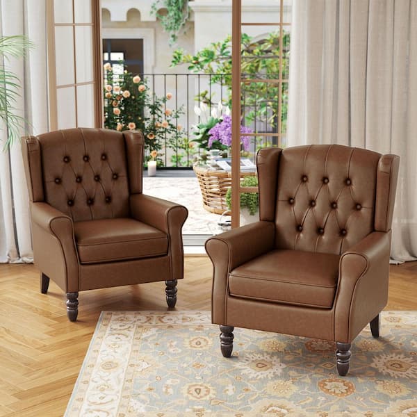 Uixe Brown PU Leather Button Tufted Design Accent Arm Chair (Set