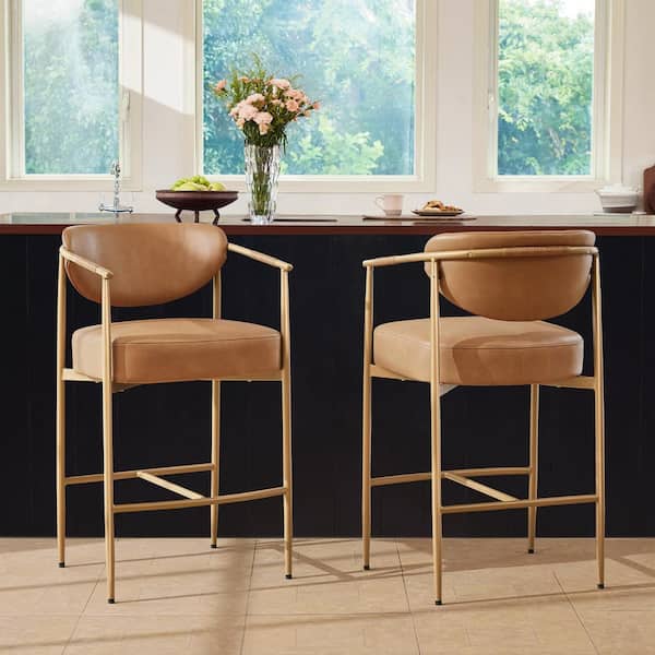 Logan 36.6 in.H Brown Metal Frame Faux Leather Counter Height Bar Stool with Woven Armrest, Curved Backrest Set of 2