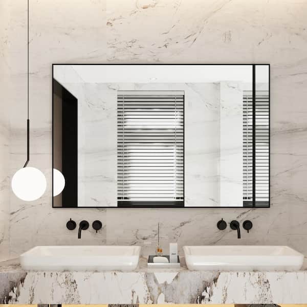 55 in. W x 36 in. H Large Rectangular Aluminum Alloy Framed Wall Mounted Bathroom Vanity Mirror in Black