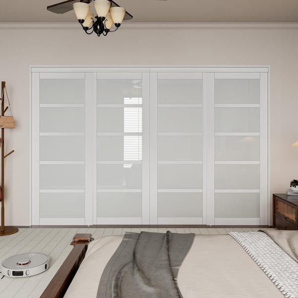 120 in. x 80 in. 5-Lite White Tempered Frosted Glass Closet Sliding Door with Hardware