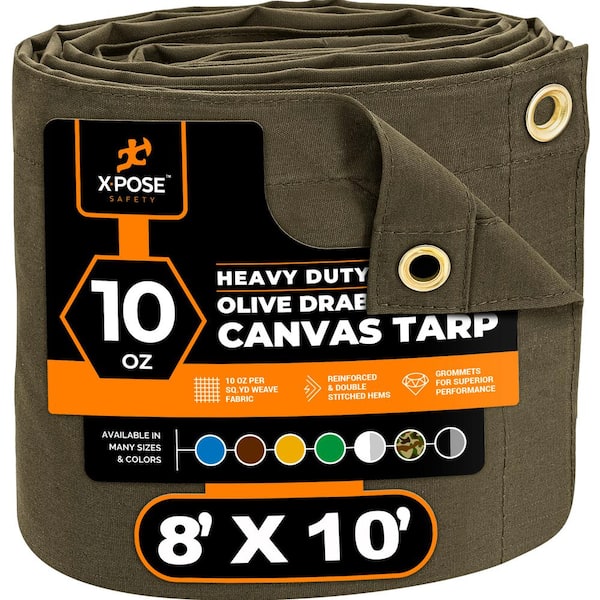 XPOSE SAFETY Canvas Heavy-Duty 8 ft. W X 10 ft. L Olive Drab 10 oz. Tarp