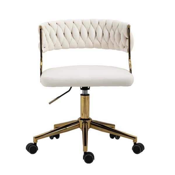 Uixe Modern Velvet Metal Frame Swivel Ergonomic Upholstered Task Chair in Ivory with Adjustable Height (set of 1)