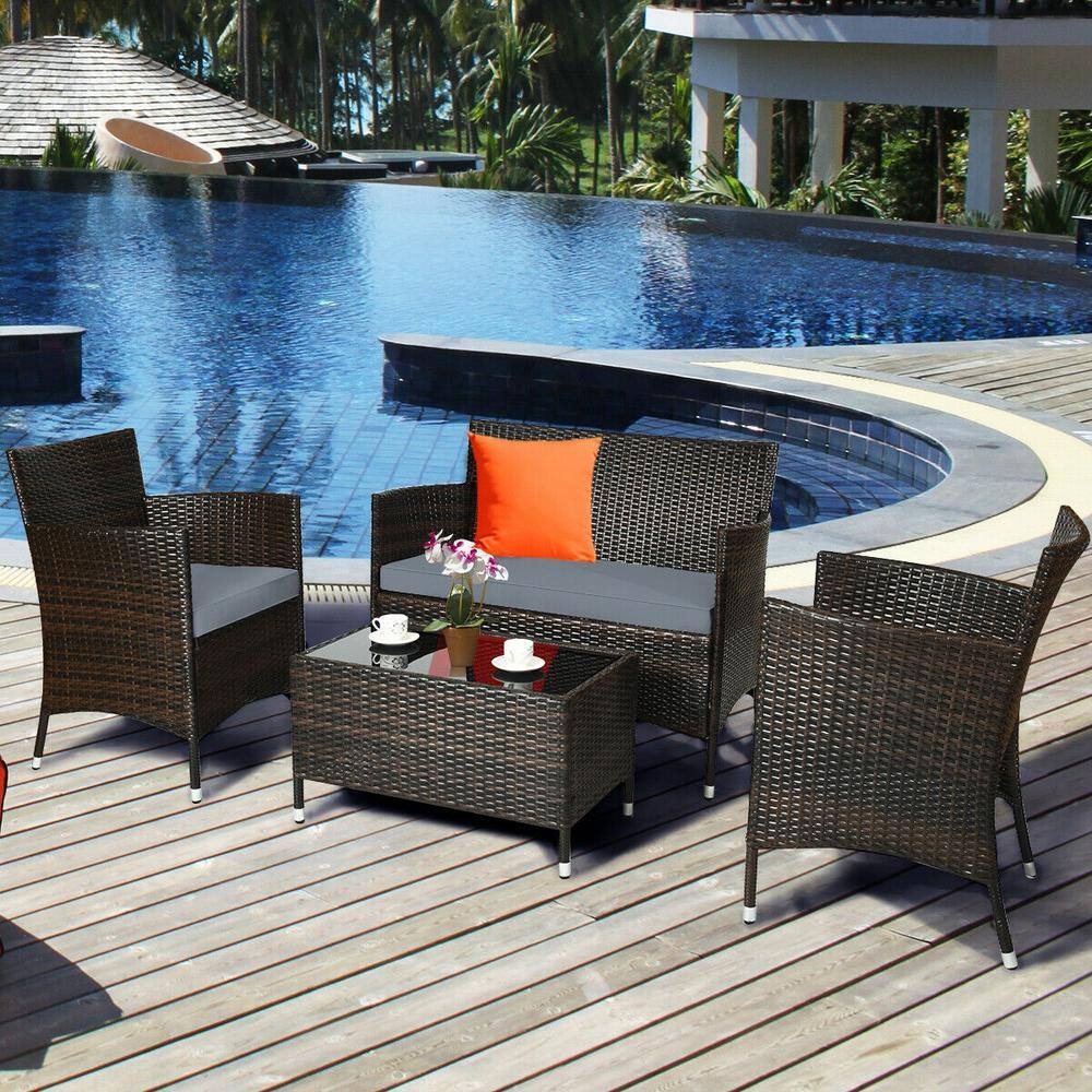 4-Piece Gray Rattan Wicker Patio Sofa Set with Cushions and Coffee Table