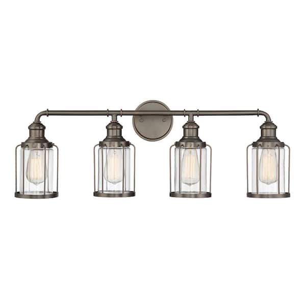 Anson 32 in. 4-Light Satin Copper Bronze Industrial Vanity Light with Clear Glass Shades