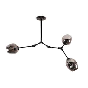 3-Light Smoky Grey Modern Linear Chandelier with Black Adjustable Arms and Glass Shades