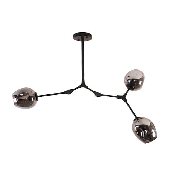Bella Depot 3-Light Smoky Grey Modern Linear Chandelier with Black Adjustable Arms and Glass Shades