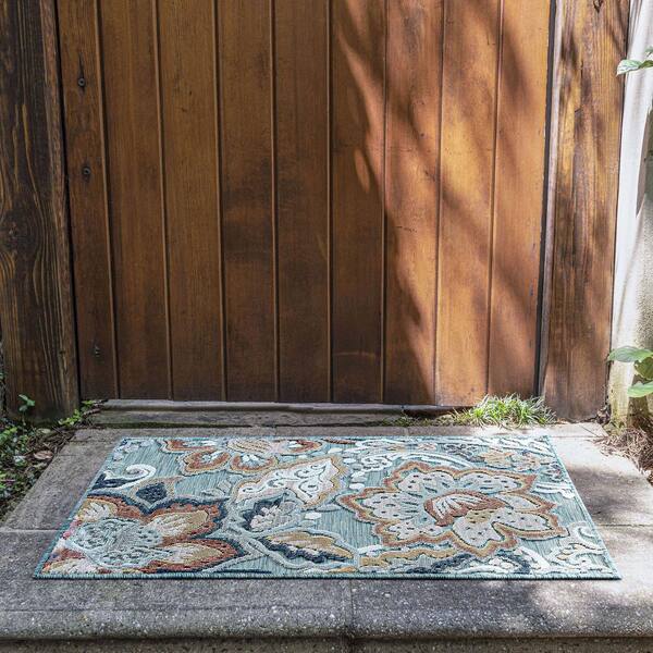 Tayse Rugs Tropic Floral Aqua 2 ft. x 3 ft. Indoor/Outdoor Area Rug, Blue