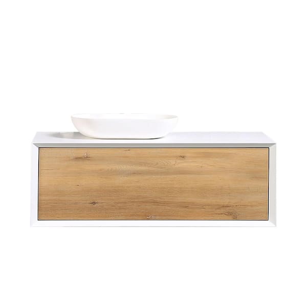 48 in. W x 22 in. D x 16 in. H Wall-Mounted Bath Vanity in White Oak with Matt White Solid Surface Top
