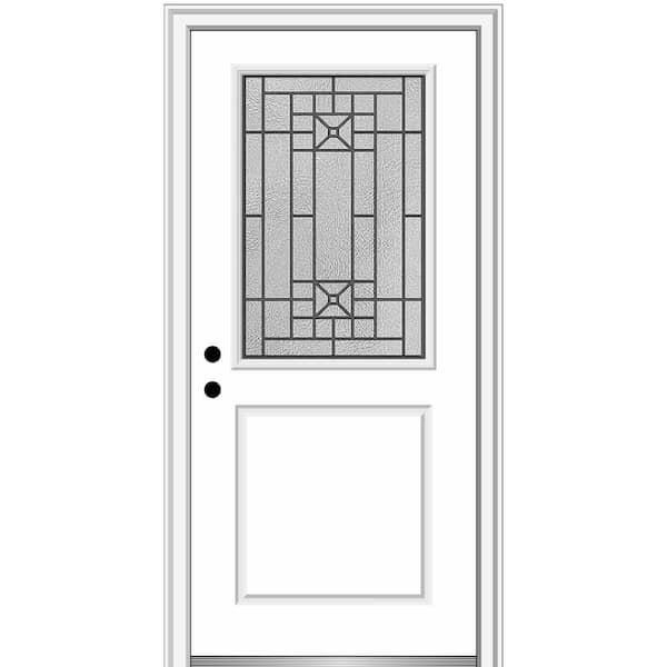 MMI DOOR 36 in. x 80 in. Courtyard Right-Hand 1/2-Lite Decorative Primed Fiberglass Smooth Prehung Front Door on 6-9/16 in. Frame