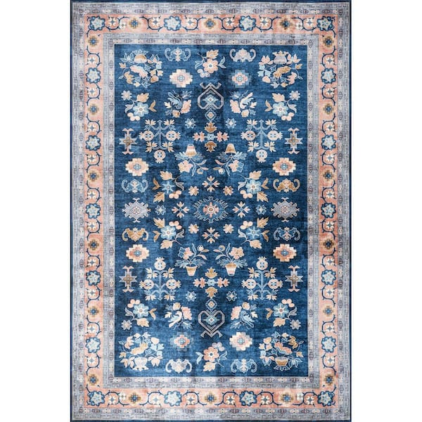 Verity SplashGuard Traditional Medallion Machine Washable Area Blue 3 ft. x 5 ft. Indoor Area Rug