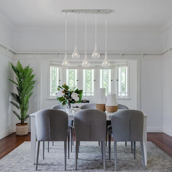 Y'INSP 5 Light Silver Modern Cluster Teardrops Linear Chandelier Ceiling Lighting for Dining Room With Clear Glass Shade