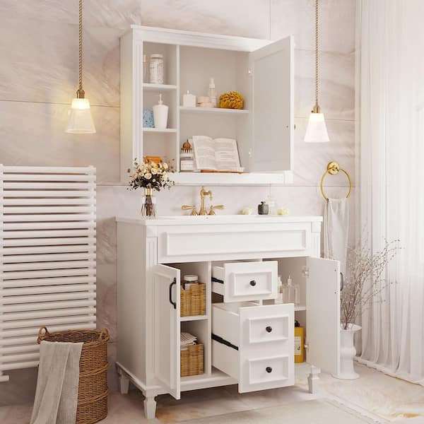 35.9 in. White Bath Vanity with White Ceramic Top with Top Sink, 2-Soft Closing Doors