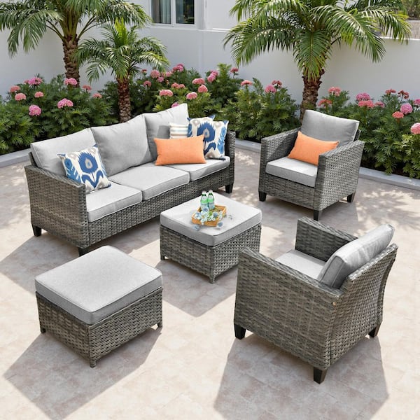 Camden 5-Piece Gray 3-Seat Wicker Patio Furniture Outdoor Patio Conversation Set with Light Gray Cushion and Ottoman