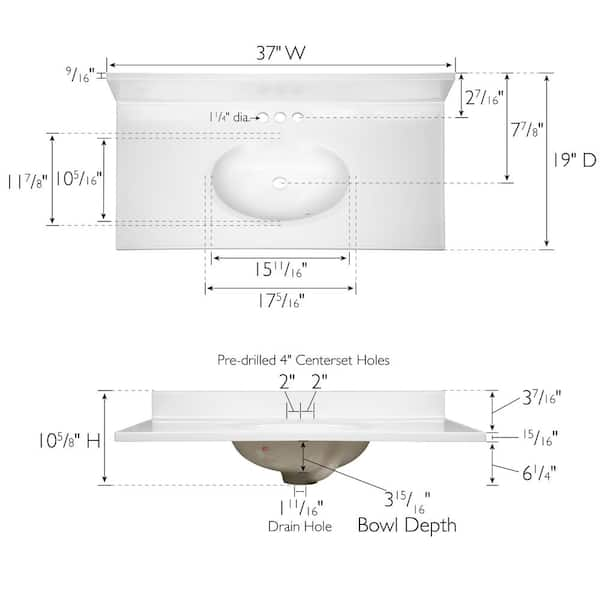 37 in. W x 19 in. D Cultured Marble Vanity Top in Solid White with Solid White Basin with 4 in. Faucet Spread