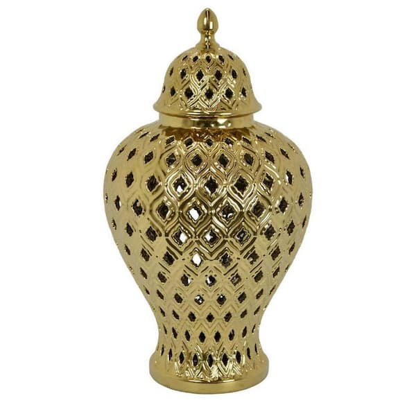 Benjara Porcelain Jar with Carved Lattice Design