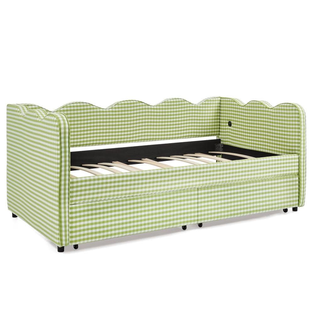 Cozy Gingham Twin Upholstered Daybed with 2 Storage Drawers Green Linen Fabric Assembled durable construction