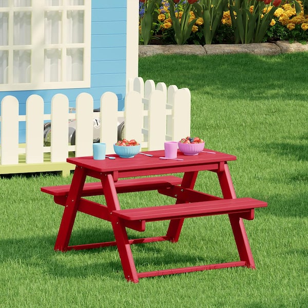 Children's Laguna Outdoor Patio All Weather Plastic 29.75 in. Rectangle Kids Picnic Play Table with Benches in Red