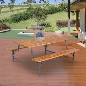 6-Person Rectangle Wood Outdoor Picnic Table and Bench Set with 2 Inch Umbrella Hole