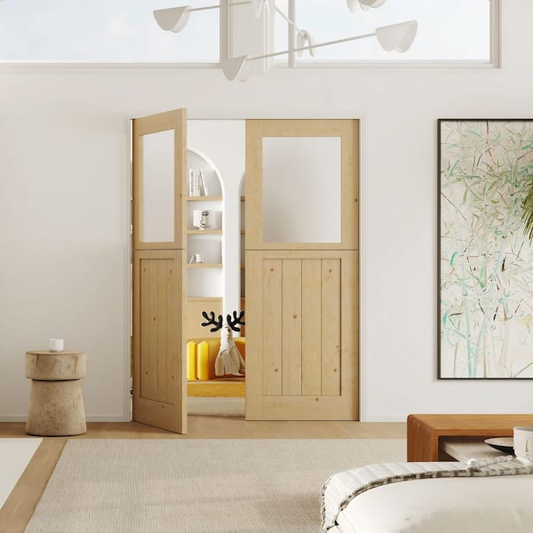 TENONER 32 in. x 80 in. Half Frosted Glass Solid Core Natural Pine
