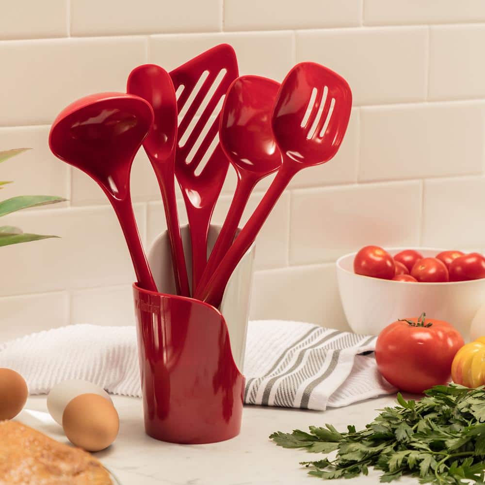 Red Melamine 6-Piece Cooking Utensil and Crock Set