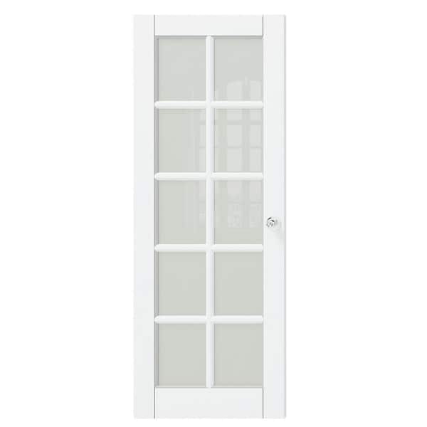 TENONER 30 in. x 80 in. Composite, MDF, 10 Lite, Frosted Glass, Primed, White Interior Door Slab with Silver Sphere Doorknob