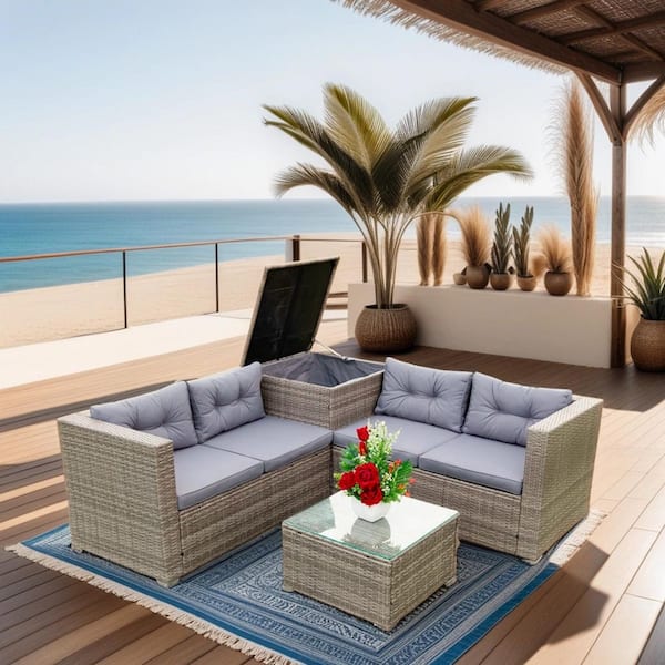 Unbranded Outdoor Rattan 4-Piece Wicker Patio Conversation Set with Gray Cushions and Storage Box Sectional Loveseat Couch Set