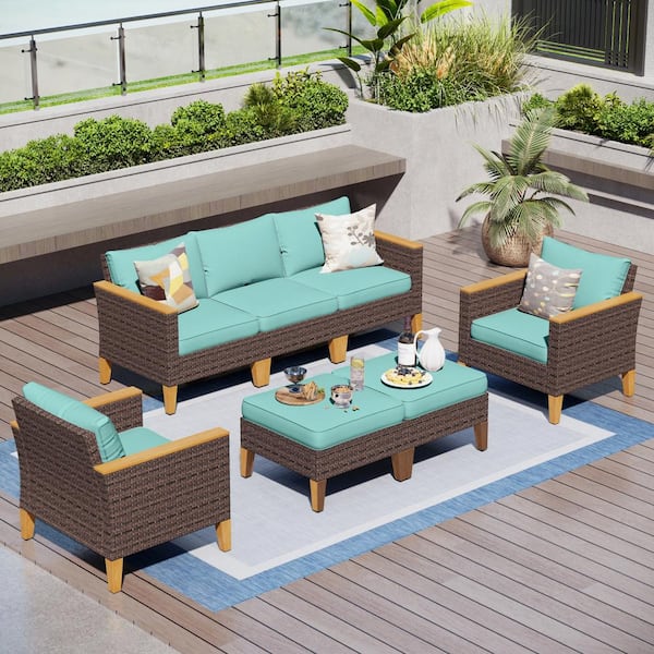 PHI VILLA Brown Rattan Wicker 7 Seat 7-Piece Steel Outdoor Patio Conversation Set with Blue Cushions