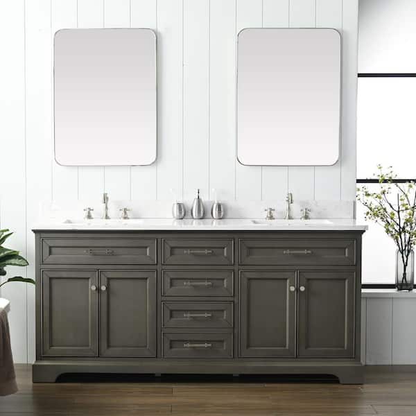 SUDIO Thompson 72 in. W x 22 in. D Bath Vanity in Silver Gray with Engineered Stone Vanity in Carrara White with White Sinks
