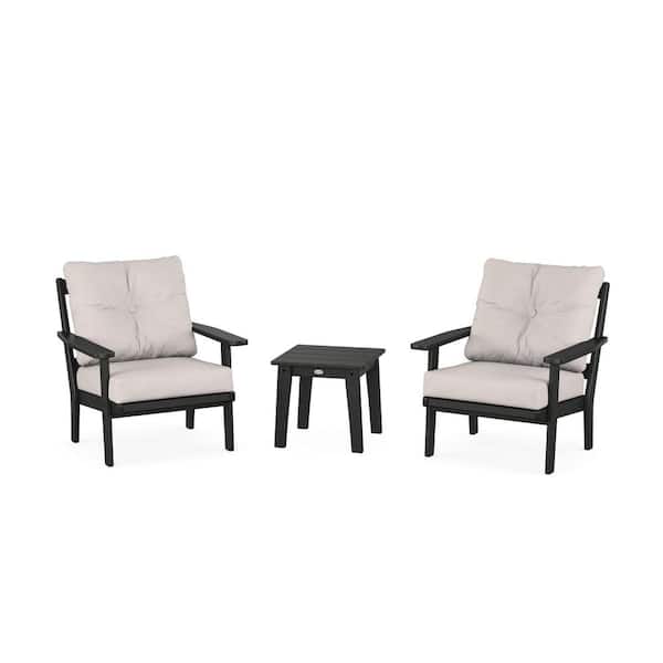 POLYWOOD Prairie 3-Pcs Plastic Patio Conversation Set in Black/Dune Burlap Cushions