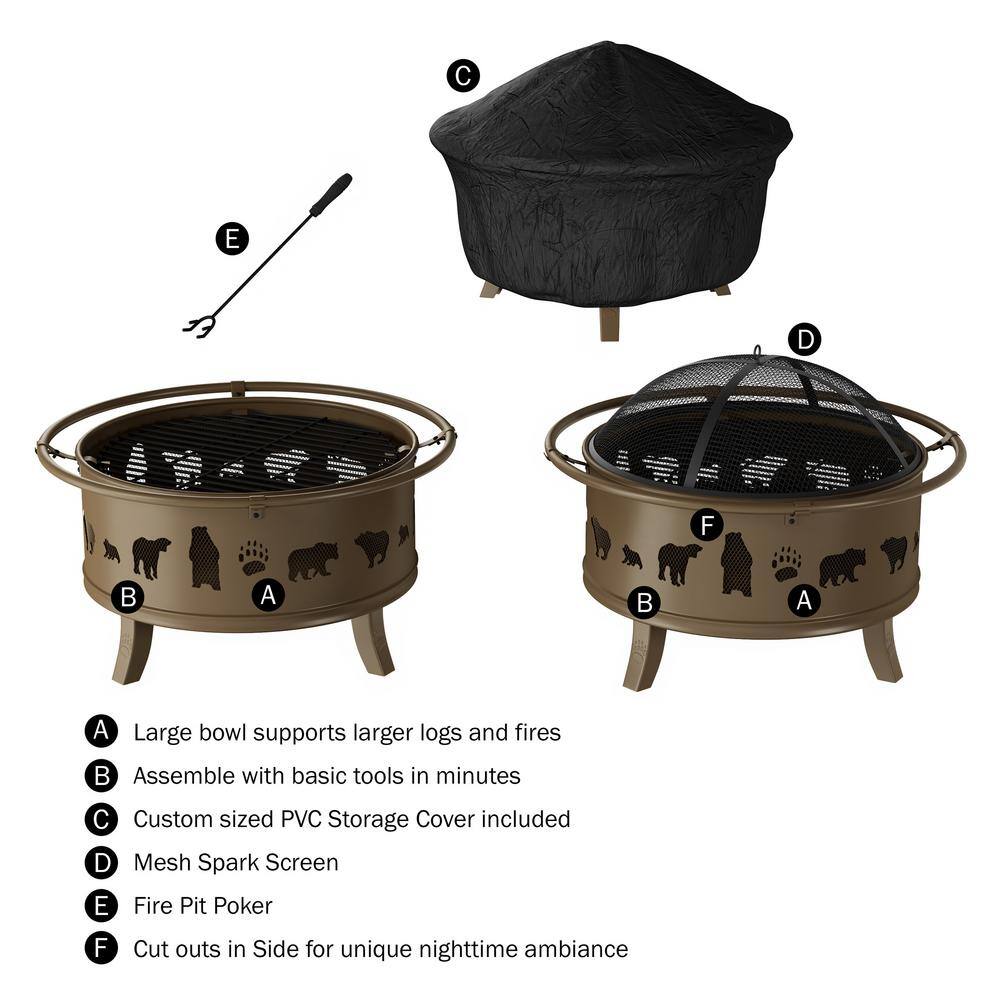 32-Inch Antique Gold Steel Wood Burning Fire Pit with Bear Cutouts
